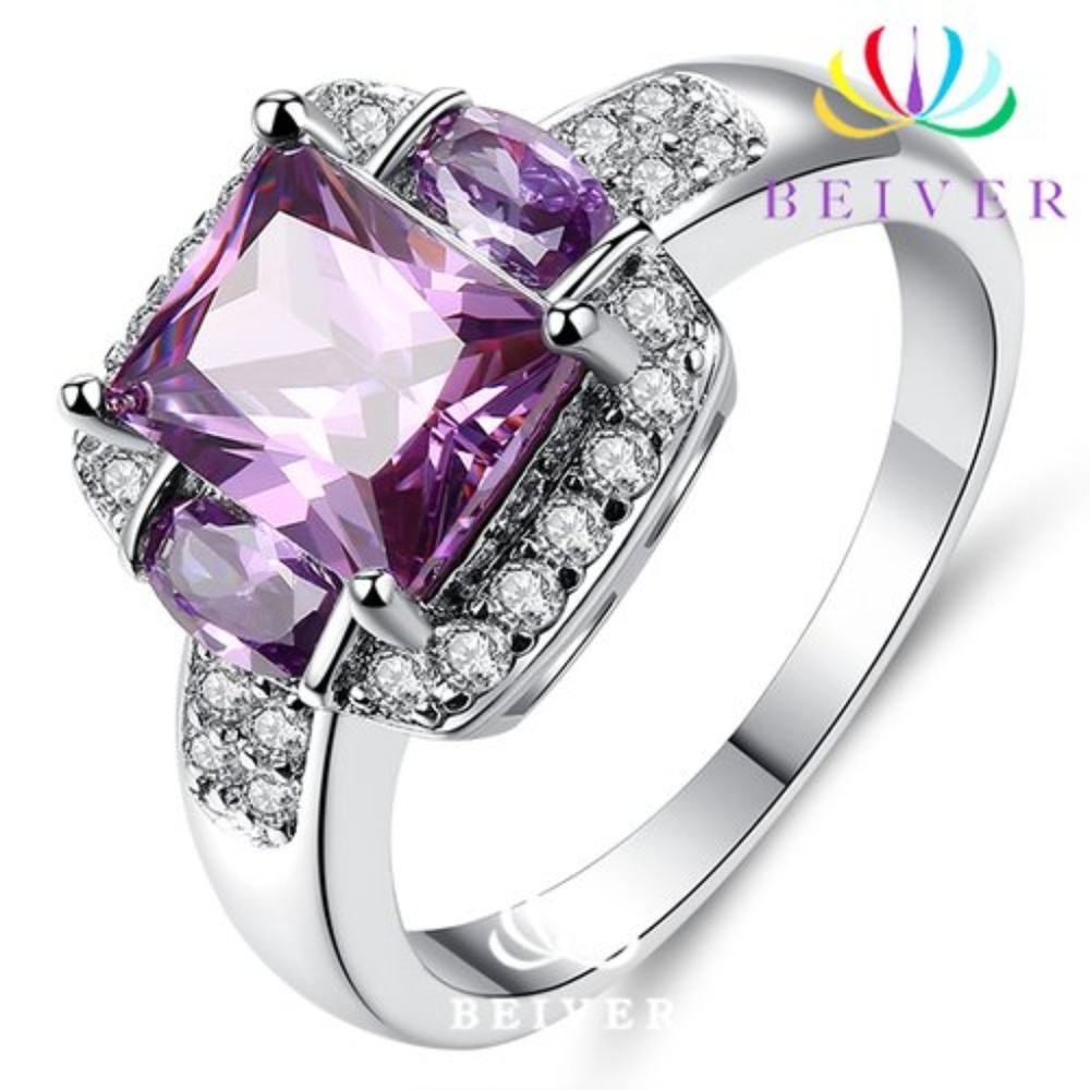 Amethyst Princess Cut Whiteโ CZ Halo White Gold 6